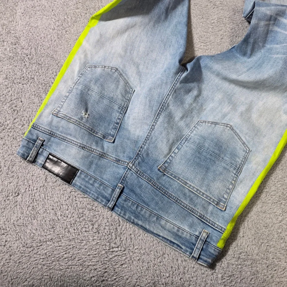 Amiri Mens 38 MX1 Distressed Jeans Light Blue Neon Yellow Stripe Paint Splatter
